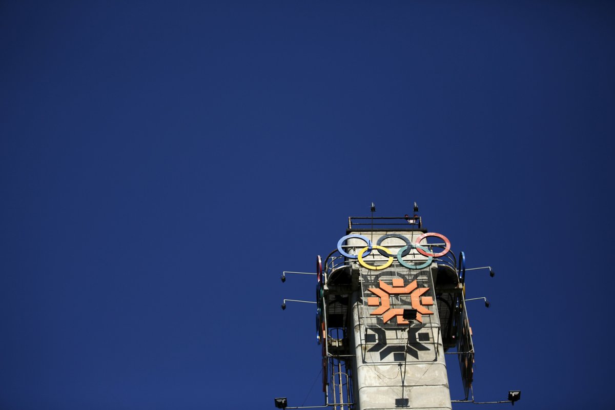 23 - The Olympics rings on a tower above the figure skating venue